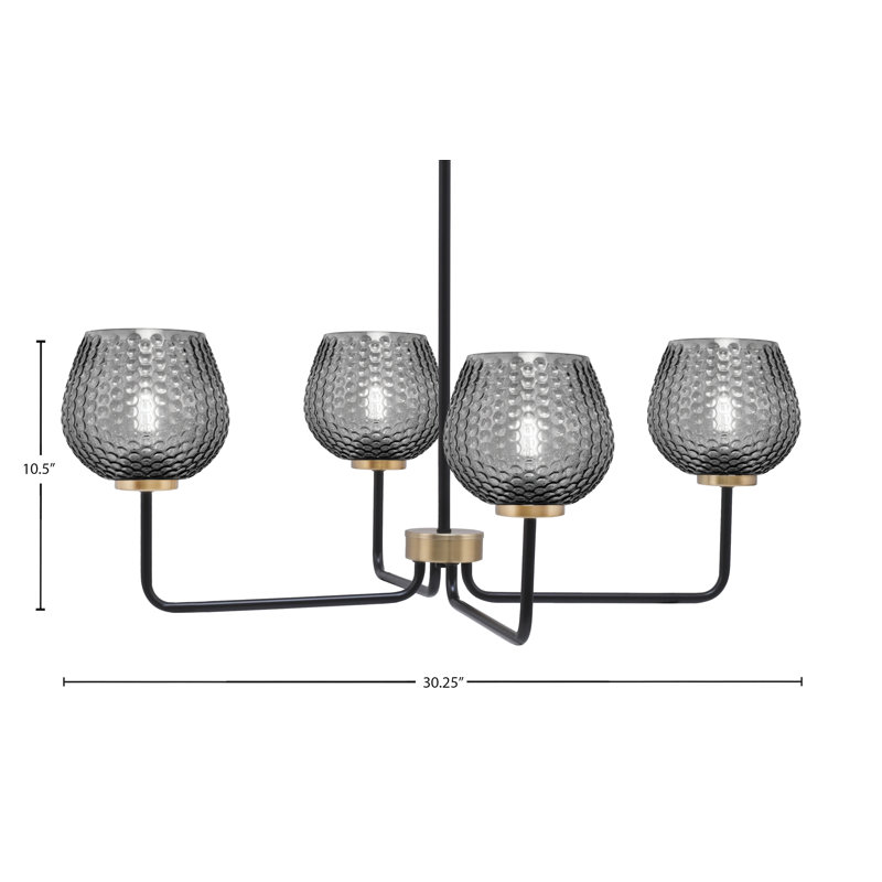Lustre 4 lumières Amarmula, noir mat et laiton vieilli, verre texturé fumé 6 po, Transparent/noir, Noir/laiton