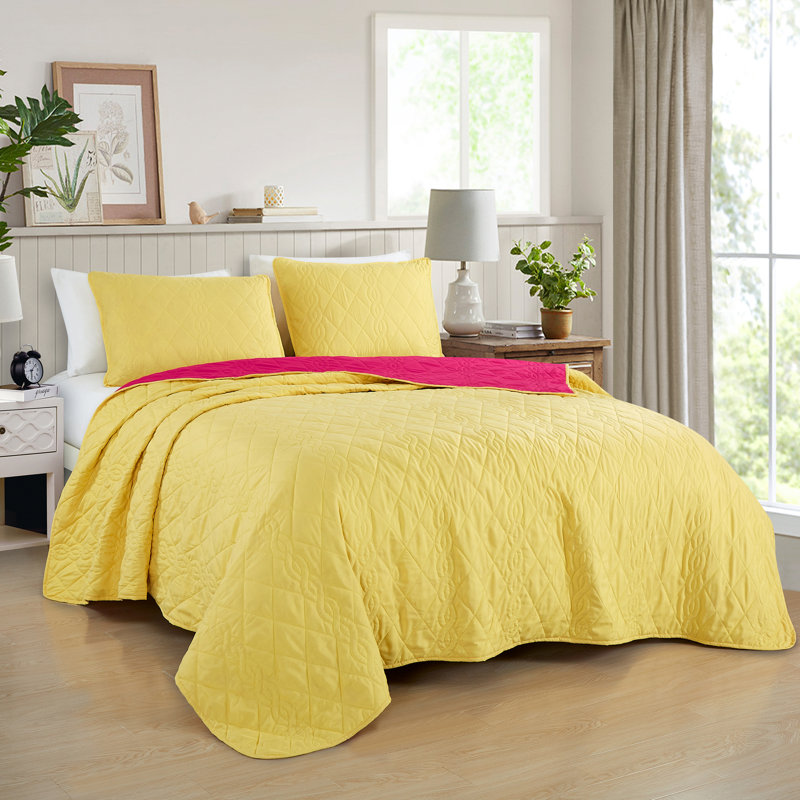 Polyester Coverlet, King Coverlet/Bedspread + 2 King Shams, Yellow/Hot Pink
