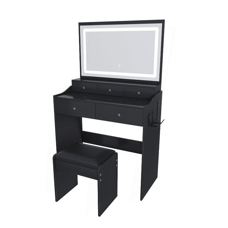 New Large Mirror Vanity Desk For Bed Room  , Modern Makeup Vanity Set With Power Outlet And Hair Dryer Holder, 5 Drawers , 3 Lighting Color Adjustable Dressing Table For Bedroom