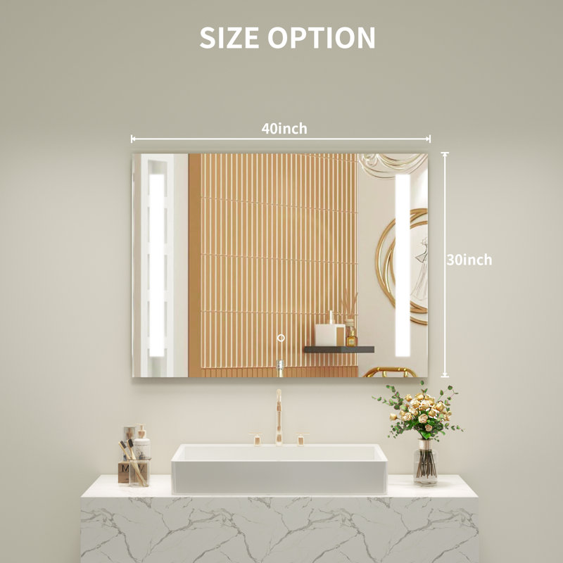 Miroir de salle de bain DEL à éclairage frontal à intensité variable et 3 lumières, 30 po x 40 po