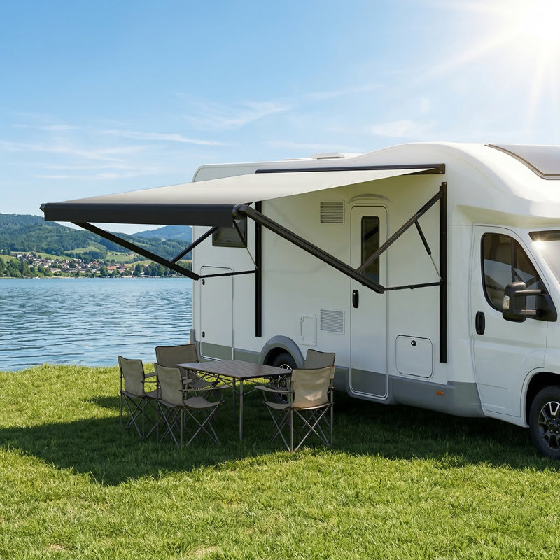 Auvent électrique pour véhicule récréatif 10 pi avec moteur et manivelle manuelle, auvent de camping rétractable avec bras réglables pour véhicules récréatifs, roulottes de voyage et 5e roues, fondu noir