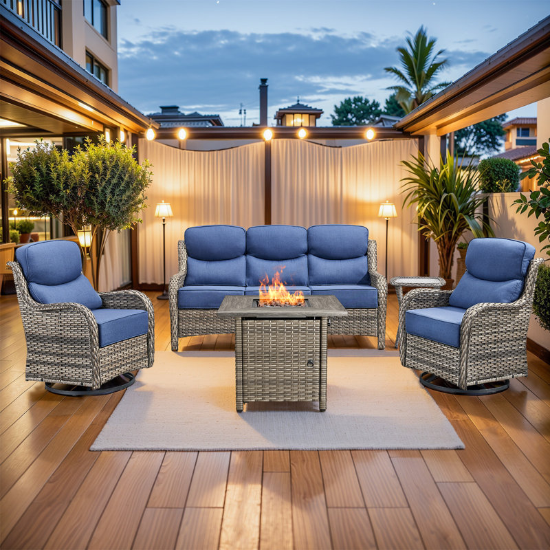 Patio Resin Wicker Furniture Set With Fire Pit Table, PE Rattan Swivel Patio Chairs With Propane Fire Pit Table, Brown Wicker 5Pcs Patio Conversation Set