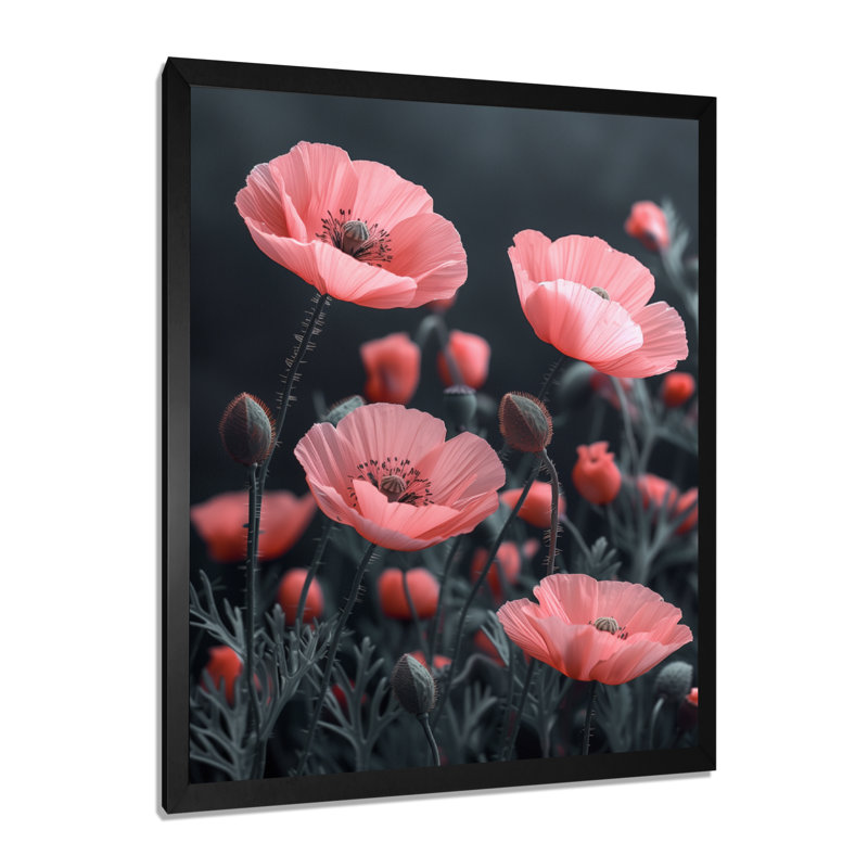 Rose, gris, vent, coquelicots, jardin I - coquelicots, décoration murale, H 20 po x l 12 po x P 1 po