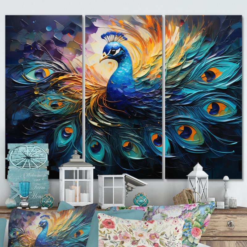 Peacock Feather Drips II - animaux, ensemble d'impressions sur toile, H 32 po x l 48 po x P 1 po