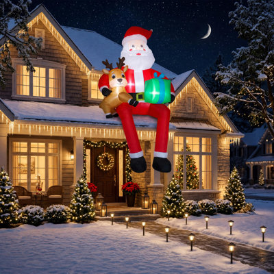 9.5FT Inflatable Sitting Santa Claus with Gift Bag & Deer, LED Christmas Outdoor Decoration for Roof Balcony Yard