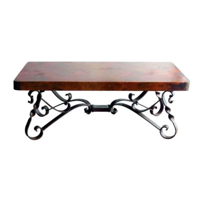 Hand-hammered Copper Coffee Table: Rustic Hacienda Style, Wrought Iron Base