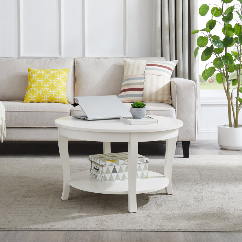Table basse ronde avec rangement à 4 pieds en bois pour petits espaces H 18 po x P 30 po x l 30 po, Blanc
