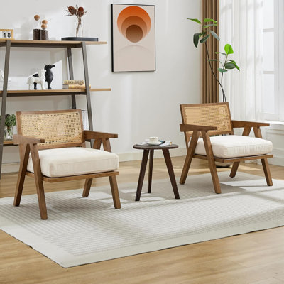 Mid Century Modern Accent Chair, Comfy Living Room Chairs with Sturdy Wood Legs, Rattan Backrest