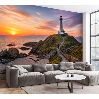 Wall Mural Peel and Stick Wallpaper Llanddwyn T r Mawr lighthouse Anglesey Wales mountain Self-Adhesive Removable Contact Paper Wall Decor for Living Room Bedroom 100"H x 144"W