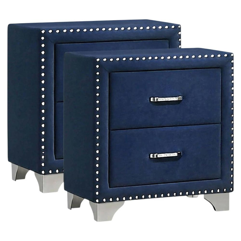 Table de chevet rembourrée en polyester avec 2 tiroirs, quincaillerie en cristal, pieds chromés, table de chevet pour ensemble de chambre à coucher, bleu pacifique