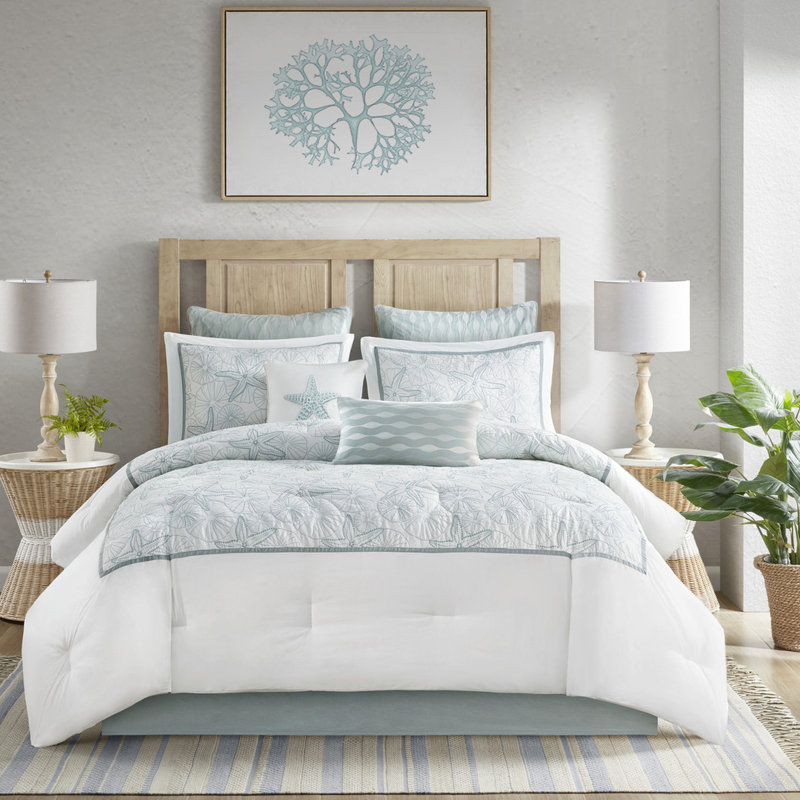 Édredon double en blanc - jupe de lit rembourrée 100% coton avec broderie sur le thème de la plage et 2 taies décoratives