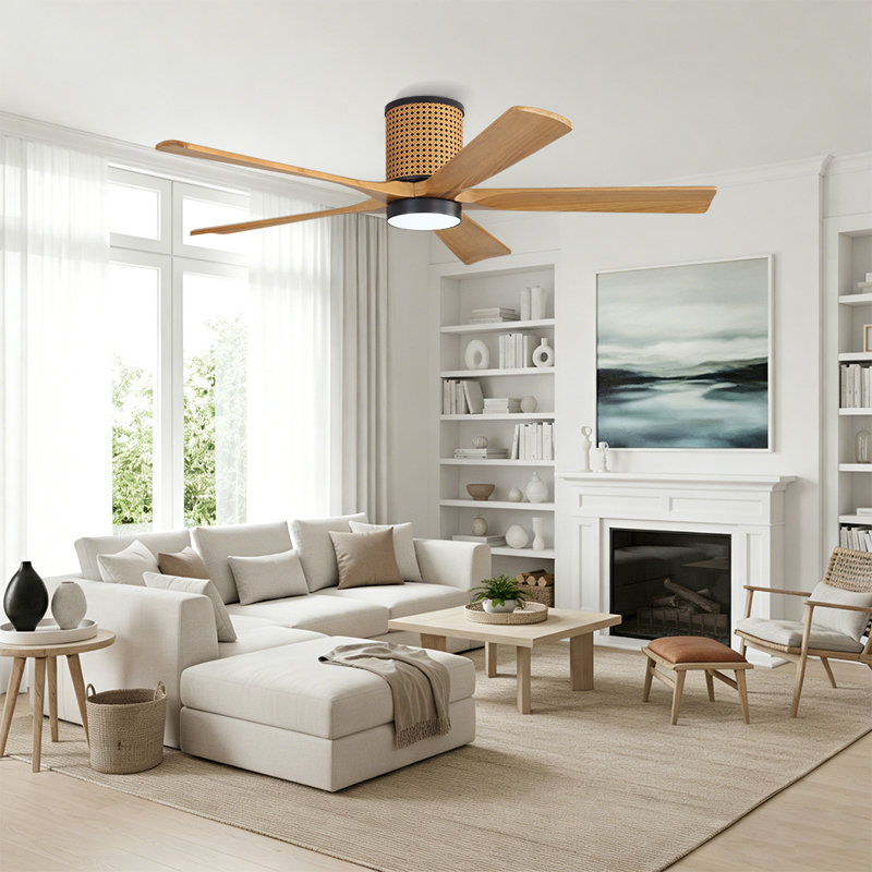 54 In. 5 Solid Blades Woven Rattan Cover Indoor Flush Mount Ceiling Fan With Integrated Led And Remote, Black, Tan