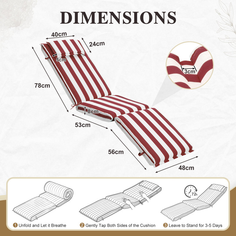 Water-Resistant Sun Lounger Cushions for Garden, 48x187x8 cm, Red Stripe