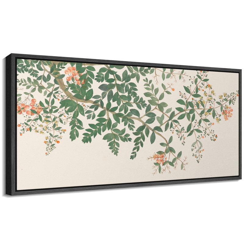 Aquarelle florale délicate, verdure et fleurs, H 30 po x l 60 po, Noir, noir, noir, noir