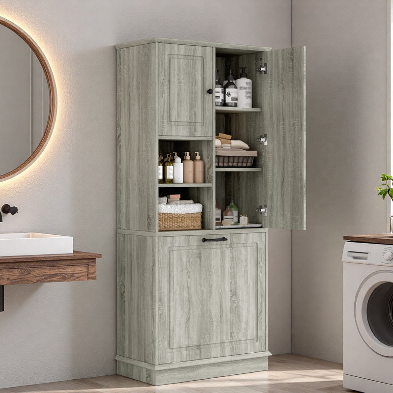 Tall Bathroom Storage Cabinet With Adjustable Shelves, Large Flip-out Basket And Enclosed Cabinets, Oak