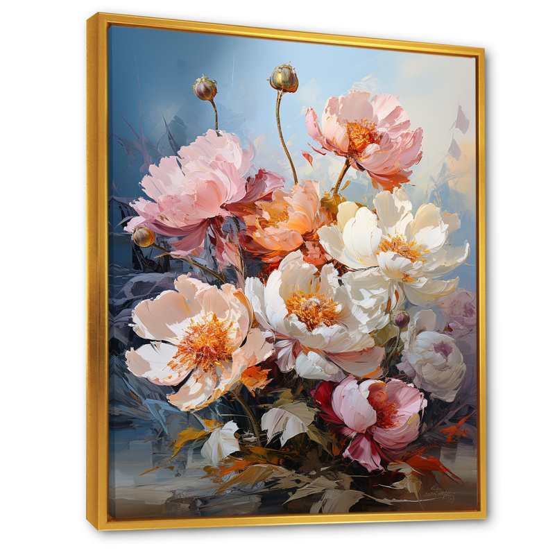 Charme de pivoines roses et blanches II, H 32 po x l 16 po x P 1 po, Cadre flottant doré