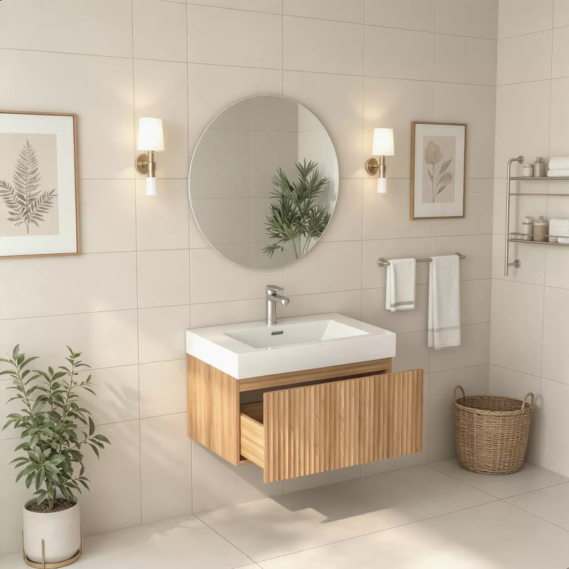 Meuble-lavabo mural de 30 po, vasque murale en contreplaqué, couleur acacia, armoire minimaliste pour petites salles de bain