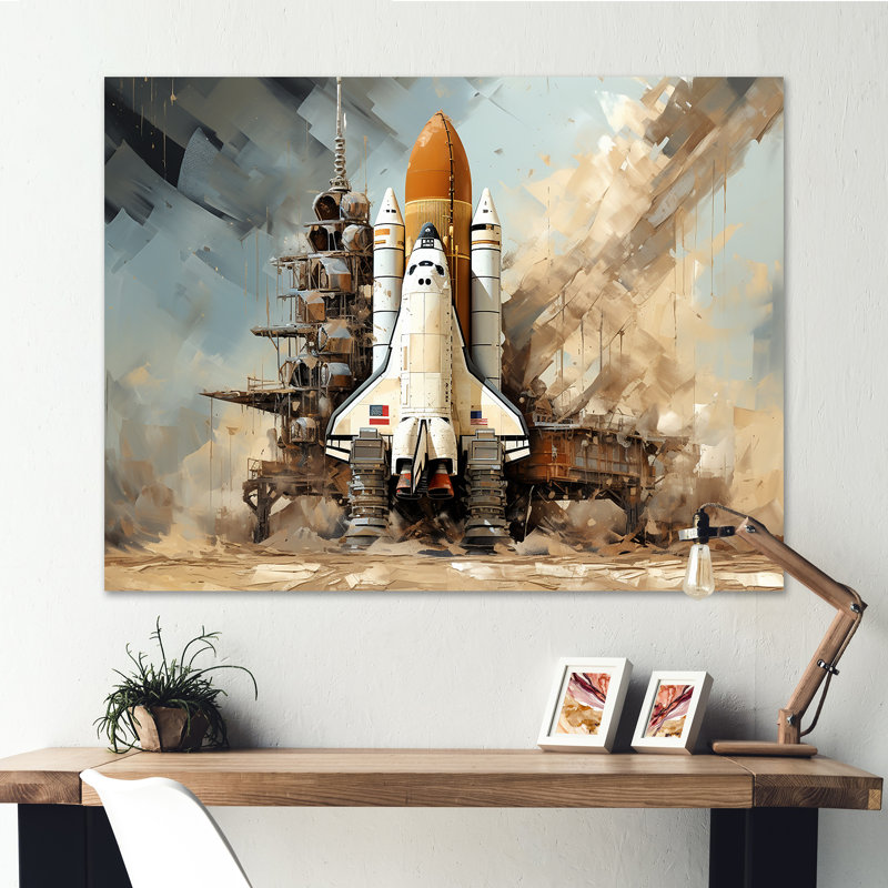 Abstrait Navette Spatiale Lancement I - Navette Spatiale Wall Art Living Room, Toile tendue, 34" H x 44" W