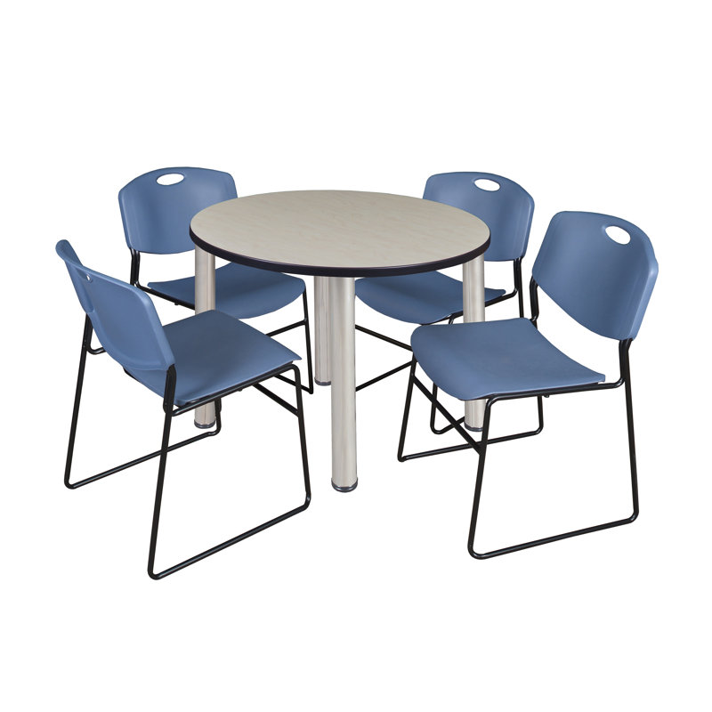 Kee Round Breakroom Table Top, 4 Zeng Stack Chairs, Blue, Maple/Chrome