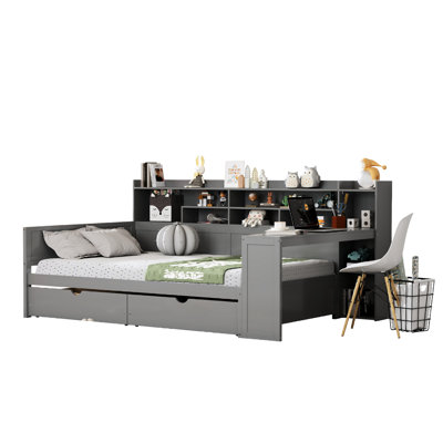 Gray Full Size Daybed With Storage Shelves, Drawers And Study Desk For Bedroom Productivity Optimization Plan Wooden Frame, Boosting