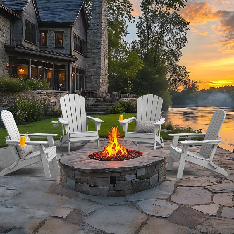 Set of 4 Folding Adirondack Chairs, Wood Texture, Cup Holder, All-Weather HDPE, White