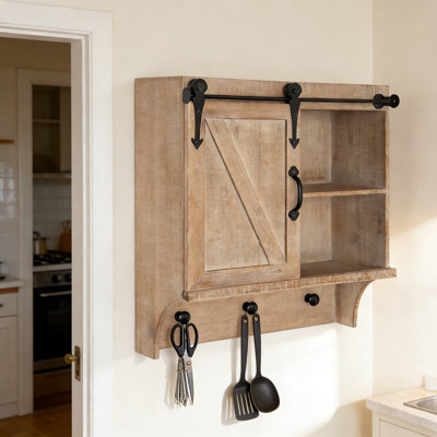 Armoire murale Farmhouse avec porte de grange coulissante, 3 boutons et 2 tablettes pour le rangement du courrier, des clés et du vestibule