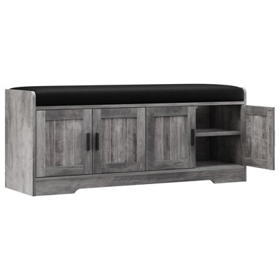 Shoe Bench with Cushion, 4-Door Storage Bench for Entryway, Grey