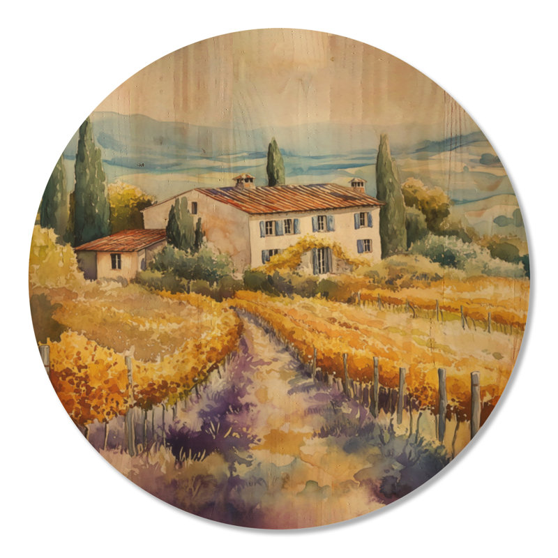 Villa viticole toscane II - Décoration murale ronde en bois de la région viticole, Rond 36 po, Rond