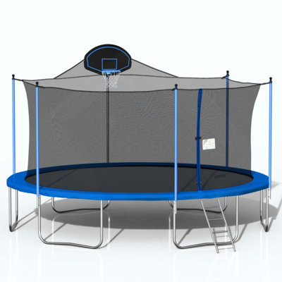 Trampoline for Adults & Kids with Basketball Hoop, Double-sided cover,Outdoor Trampolines w/Ladder and Safety Enclosure Net for Kids and Adults