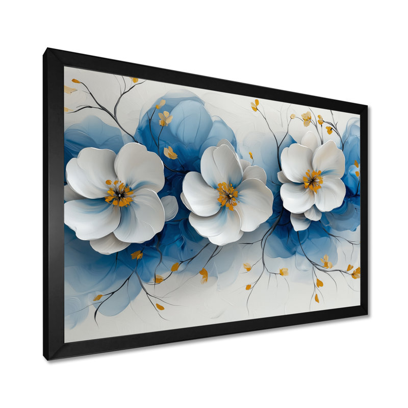 Velours fleurs de cerisier bleues Simplicity III - Fleurs de cerisier, H 30 po x l 40 po, Avec cadre, Noir
