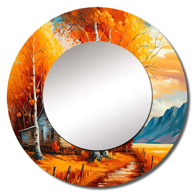 Petit miroir mural Quionna, petit chalet en automne III, paysage d'hiver, miroir rond traditionnel, 36 po x 36 po