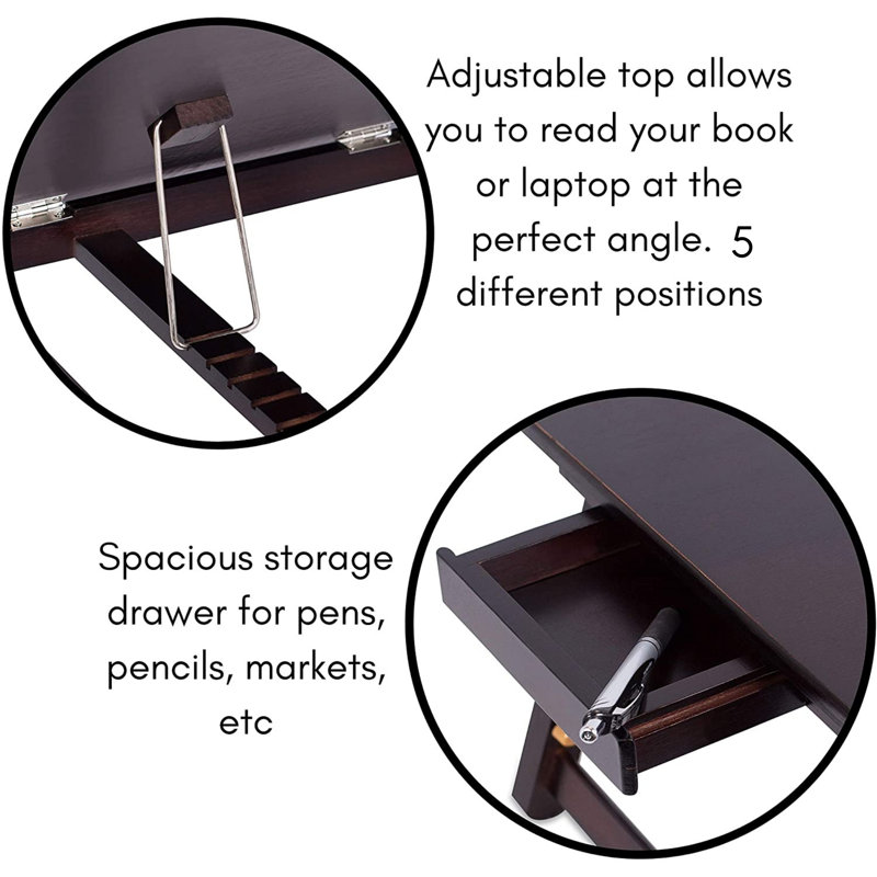 Dark Walnut Bamboo Adjustable Laptop Lap Tray with Drawer