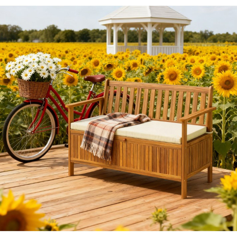 Banc de patio en bois, banc d'extérieur avec compartiment de rangement, banc de jardin avec coussin