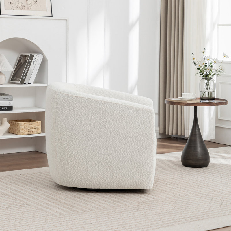  Swivel Accent Chair,Modern Comfy Round Barrel Chair With Upholstered,Boucle Fabric In White, White Boucle