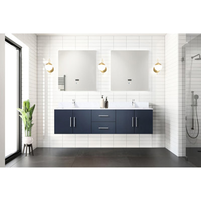 Meuble-lavabo double bleu marine 72 po X 22 - comptoir en marbre, structure en bois massif, fermeture en douceur, égratignure et teinture, 2 compartiments, tablette d'armoire à tiroirs pour un grand rangement, installation de 1 robinet pré-percé