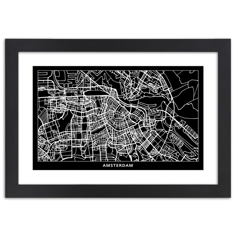 Amsterdam City Map 1 Piece Single Picture Frame Wall Art, 60cm H x 90cm W, Black