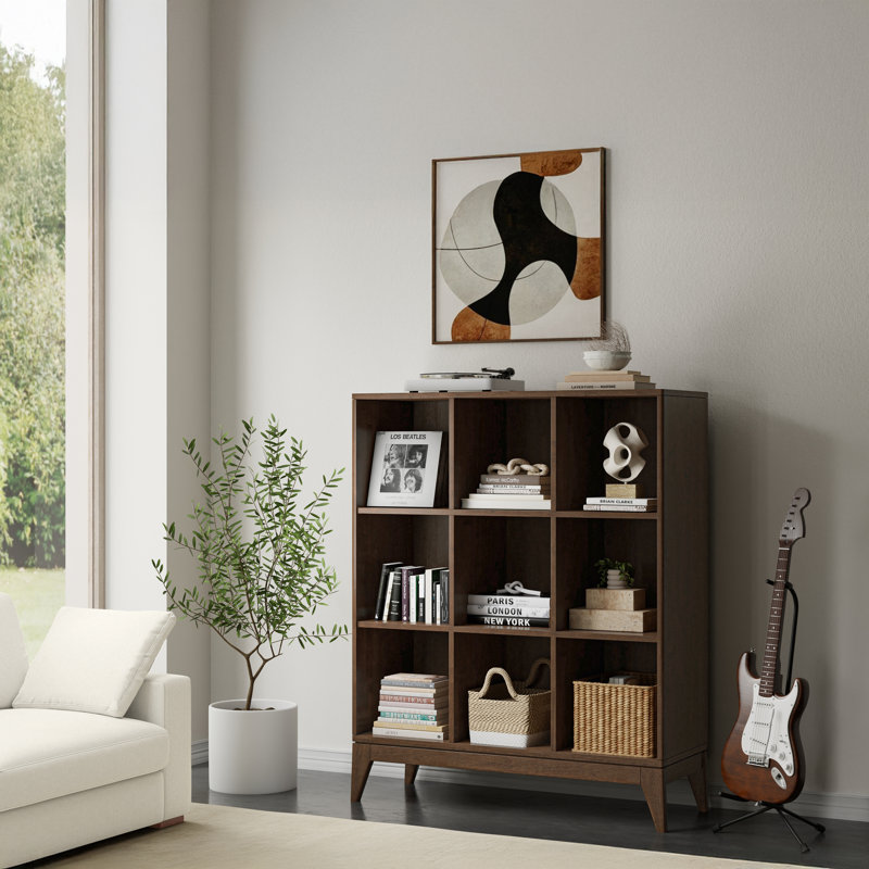 Harper 52"H Solid Wood Mid-Century Modern 9-Cube Bookcase with Angled Frame and Tapered Legs