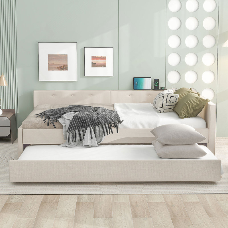 Lit plateforme tapissier avec port USB et lit gigogne simple, Lit double