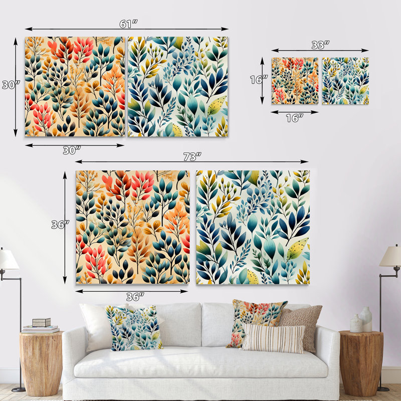 Aquarelle, feuillage, motif botanique, H 16 po x l 33 po