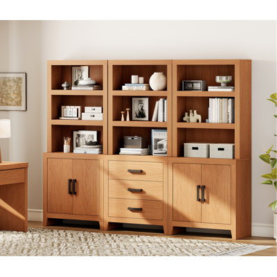 74" Tall Bookshelf Set Of 3, Farmhouse Bookcase With Doors & Drawers, Wooden Bookshelf For Living Room, Home Office, Library, Beige