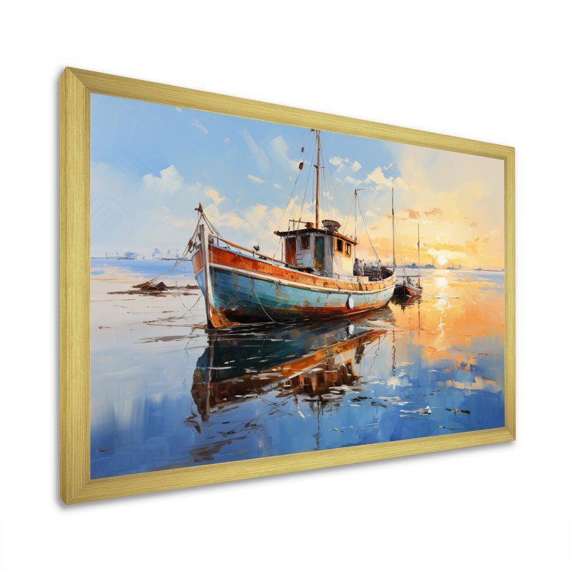 «Boat Seascape Impression V», reproduction sur toile, H 12 po x l 20 po x P 1 po, Cadre doré à une seule photo