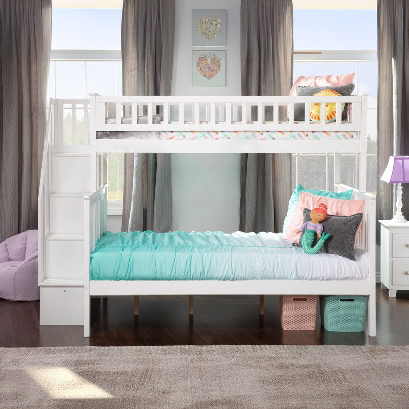 Ilariana Heavy Duty Kids Staircase Bunk Bed, Twin Over Full, White