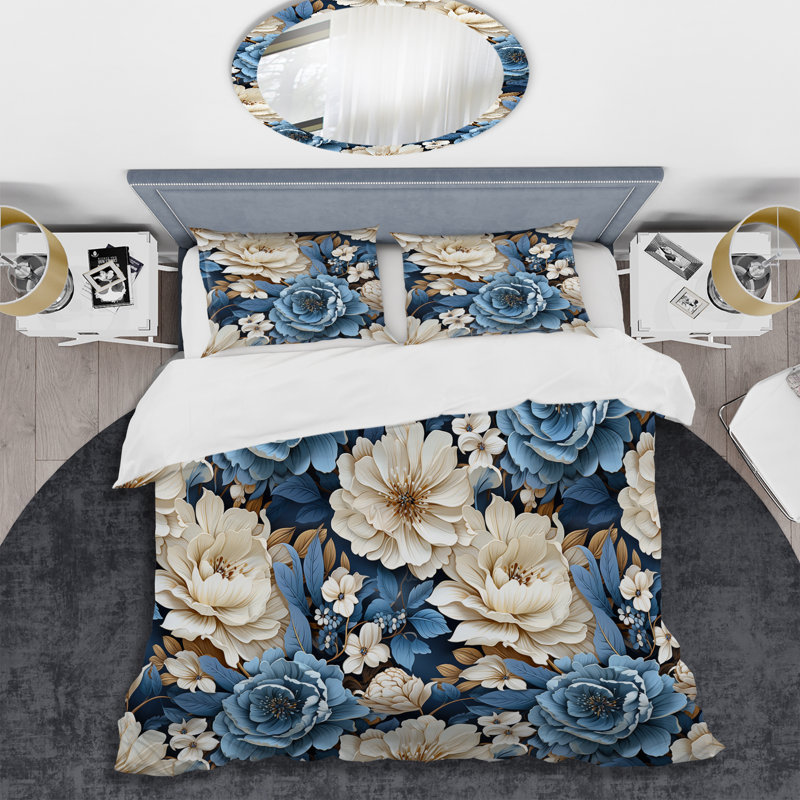 Ensemble de housse de couette floral bleu et blanc I, Housse de couette simple + 1 taie décorative stan