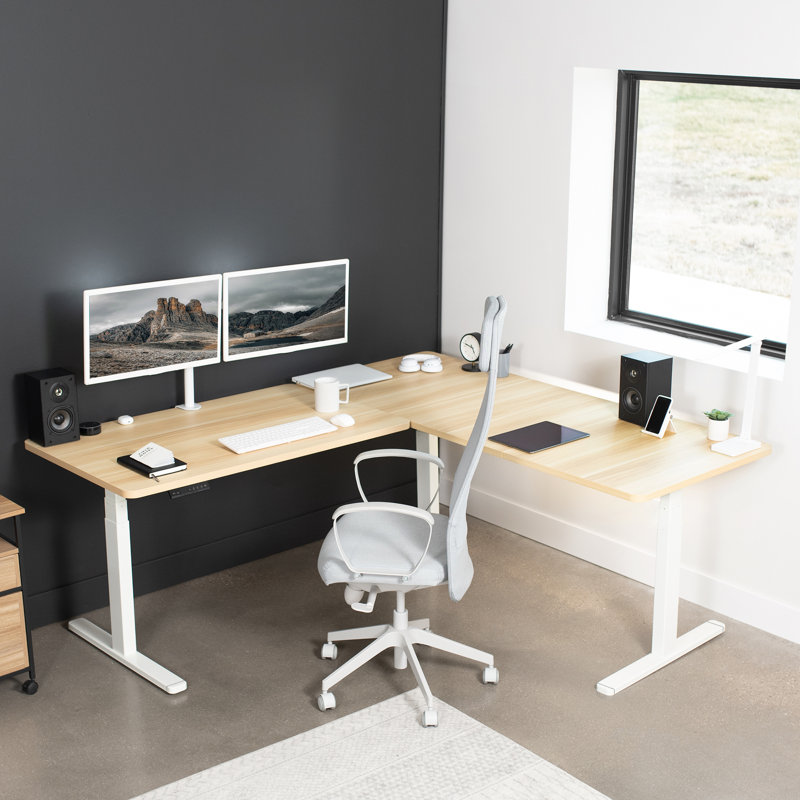 Electric Adjustable Corner Desk in Light Wood & White, 77" x 71"