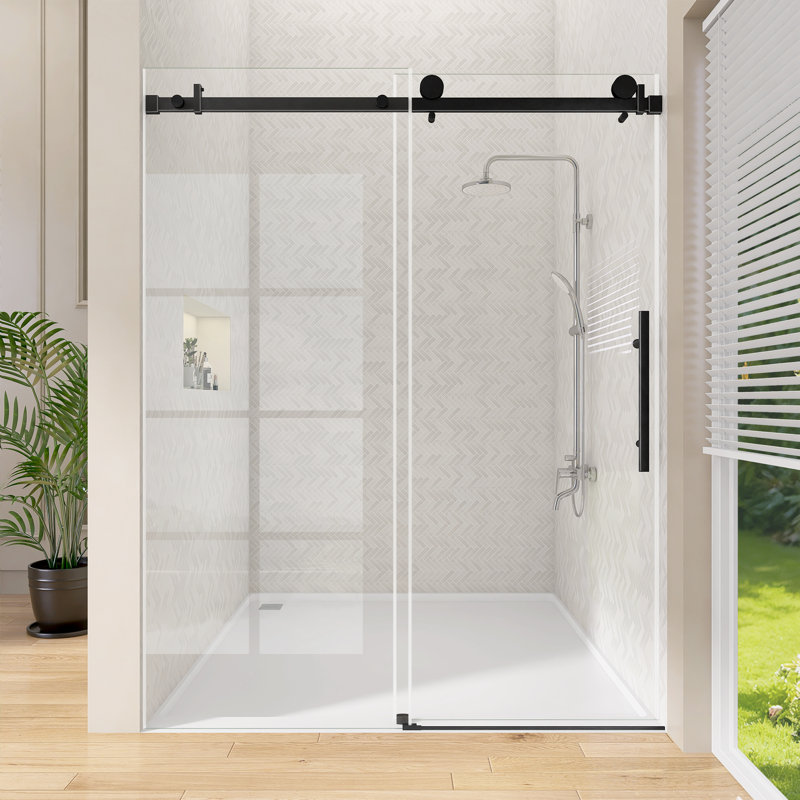 60"X76" Shower Door  Single Sliding Frameless With Matte Black Hardware And 1/4" Tempered Glass For Modern Bathroom
