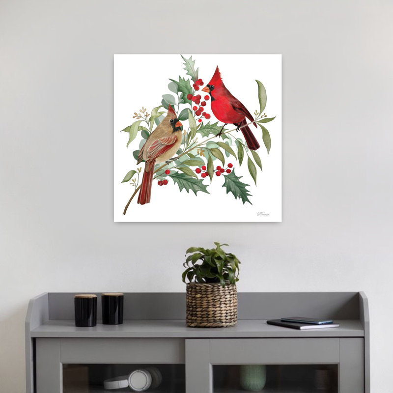 Cardinal Couple, oiseau contemporain, art d'hiver, H 18 po x l 18 po