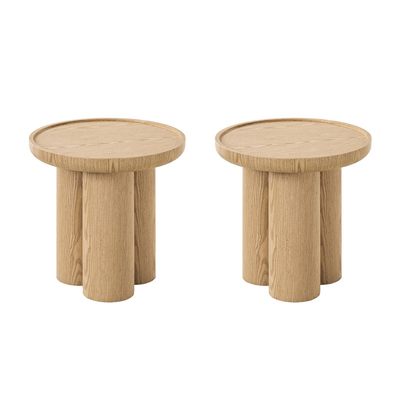 Pendle 19.75"W Modern Round End Table with Oak Finish and Sculptural 3-Leg Base Set of 2, Oak