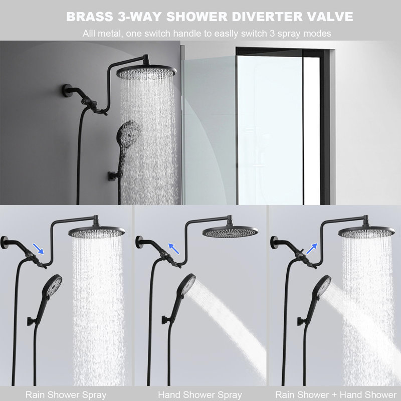 Deluxe 10-Inch Rainfall Shower Combo – Adjustable 12" Arm, 3-Way High-Pressure Spray & Brass Holder, Matte Black