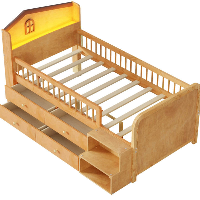 Lit mezzanine simple avec éclairage de tête de lit à DEL et options de rangement, Naturel