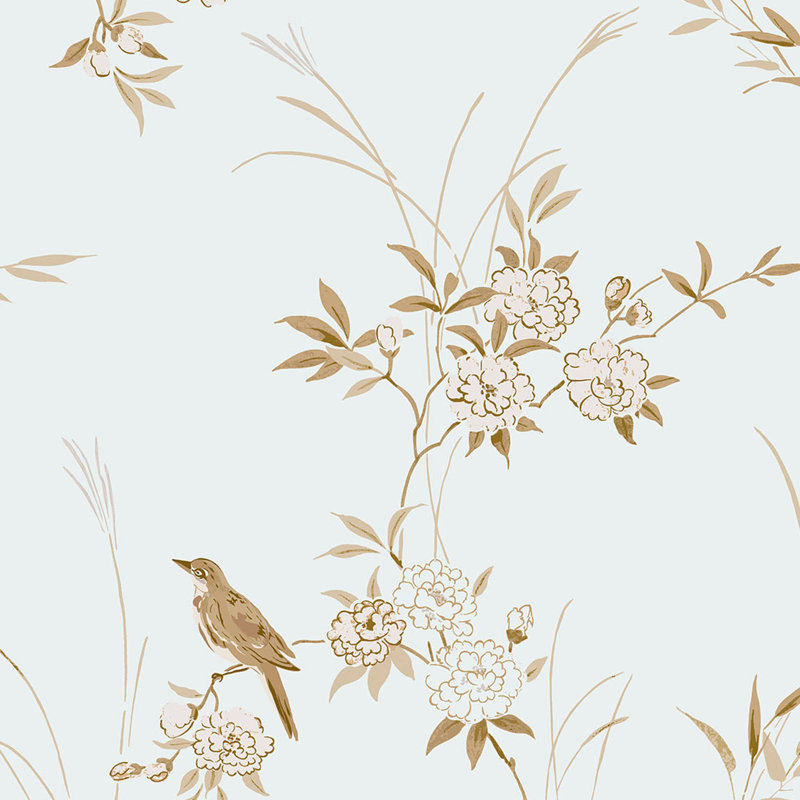 Rachel Ashwell Bird Chinoiserie Pink Gold Wallpaper, Light Blue